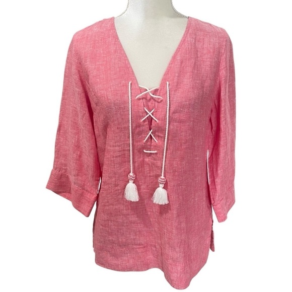 New Tommy Bahama Coastalina 3/4 Sleeve V Neck Tassel Linen Tunic Blouse Pink - Picture 9 of 15
